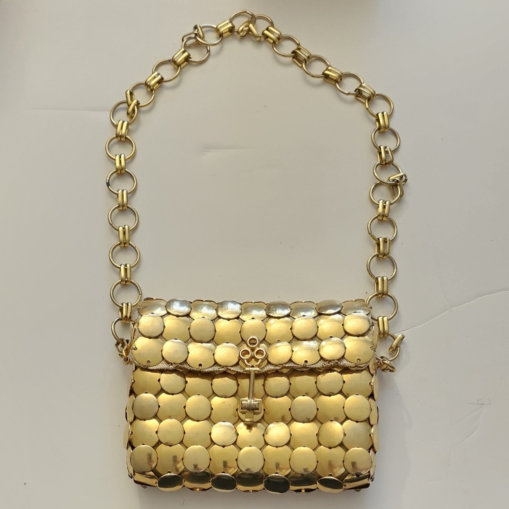 Vintage Gold Disc Purse Made In Italy For ColorMate W/Skeleton Key Turn Lock EUC